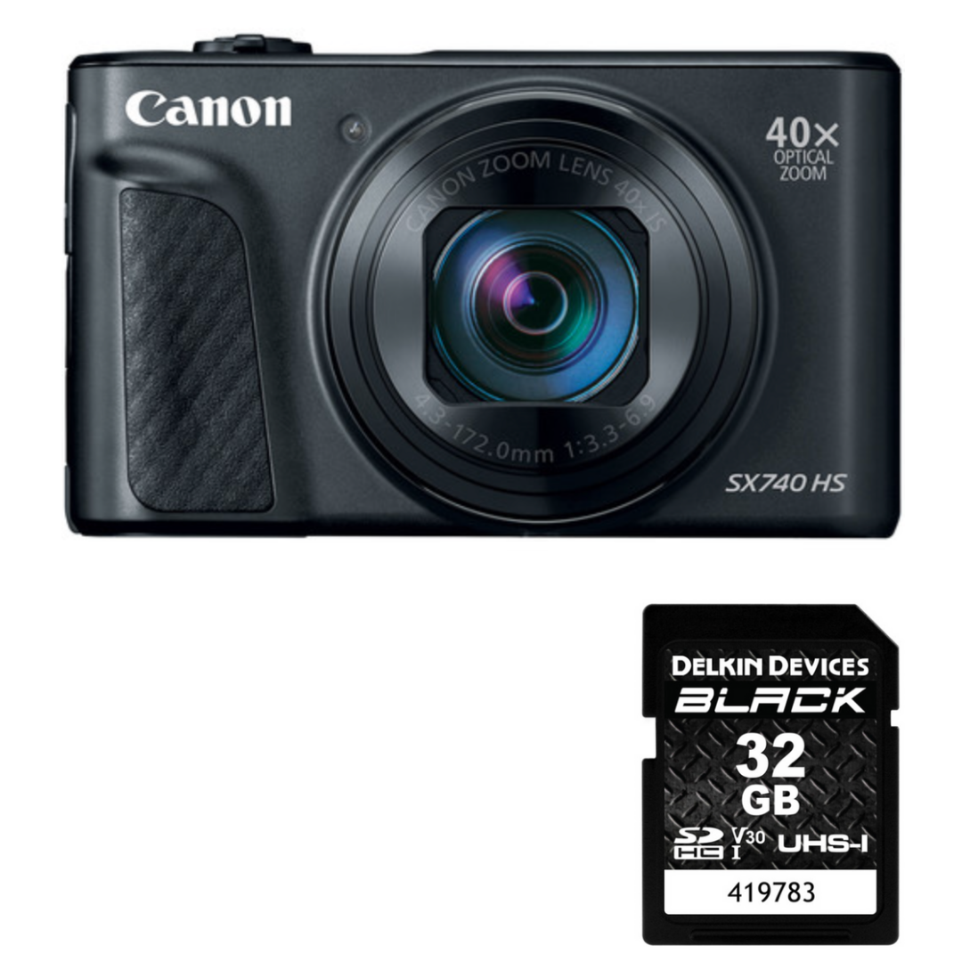Canon PowerShot SX740 HS Digital Camera (Black) with Delkin Black Rugged SD Card 99MB/S - 32 GB