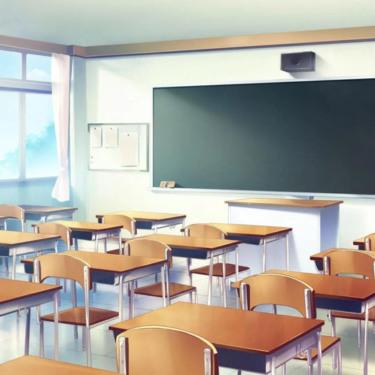 classroom with multiple desks and a green blackboard