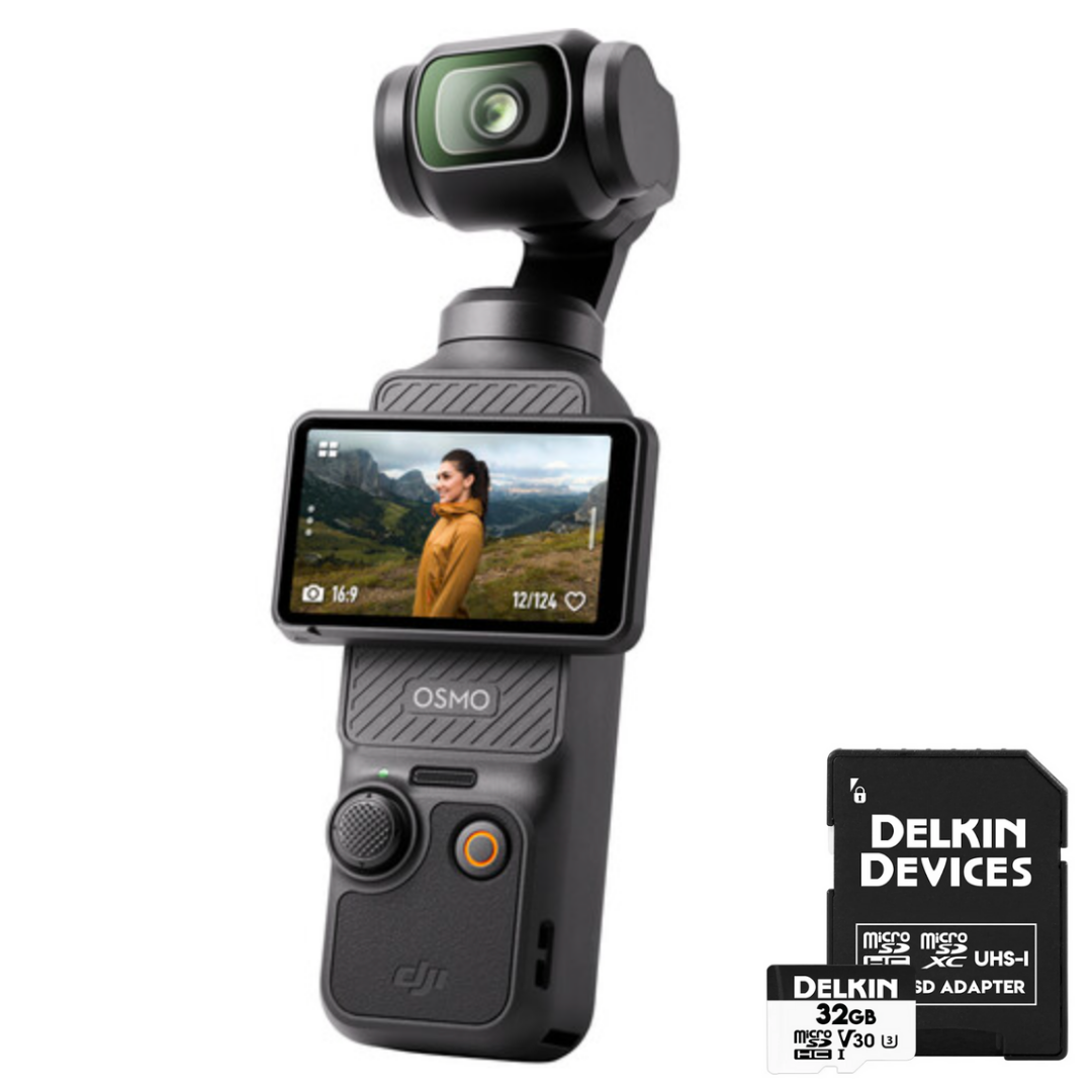 DJI Osmo Pocket 3 Gimbal with Delkin Devices 32GB Advantage MicroSDHC UHS-I V30 660x U3