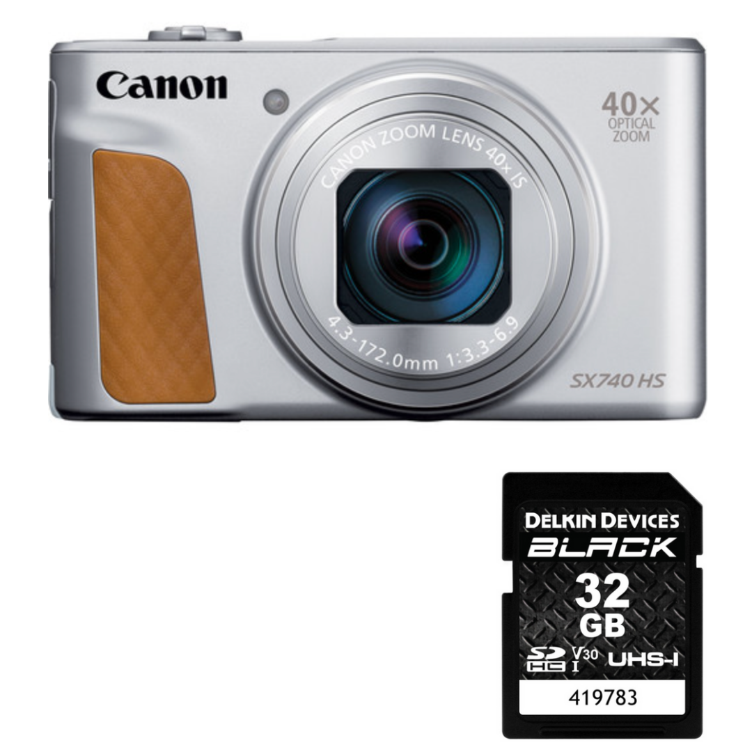 Canon PowerShot SX740 HS Digital Camera (Silver) with Delkin Black Rugged SD Card 99MB/S - 32 GB