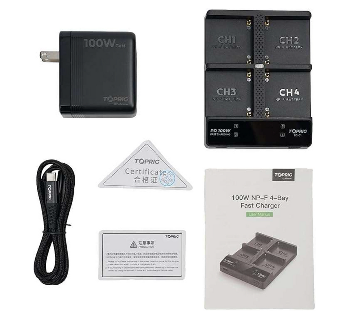 Accsoon TopRig 100W 4-Bay NP-F Fast Charger Kit with 100W Cable, PD 100W Power Adapter