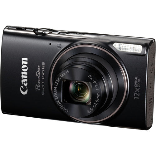 Canon PowerShot ELPH 360 HS Digital Camera (Black) with Delkin Black Rugged SD Card 99MB/S - 32 GB