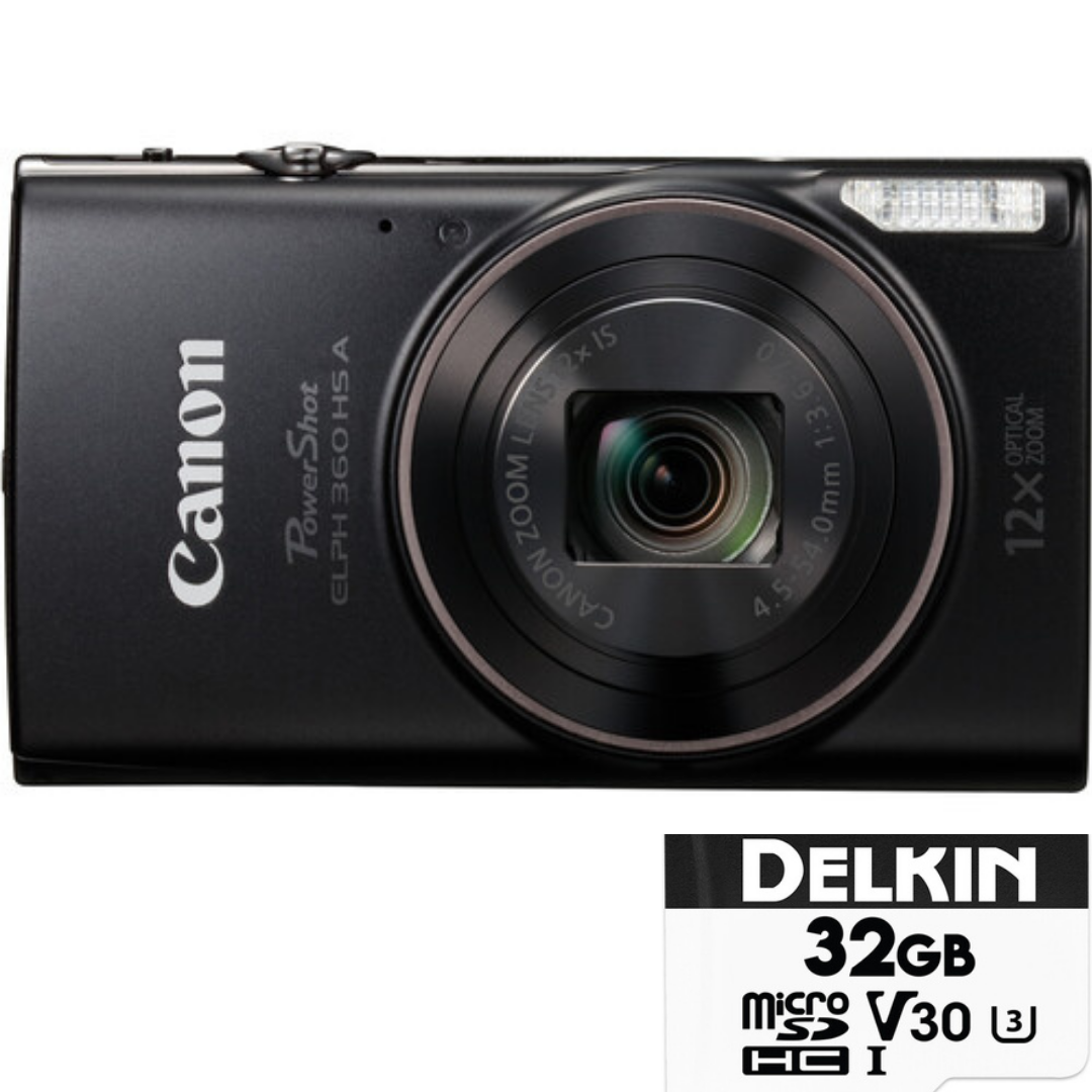 Canon PowerShot ELPH 360 HS A Digital Camera (Black) with Delkin Devices 32GB Advantage MicroSDHC UHS-I V30 660x U3