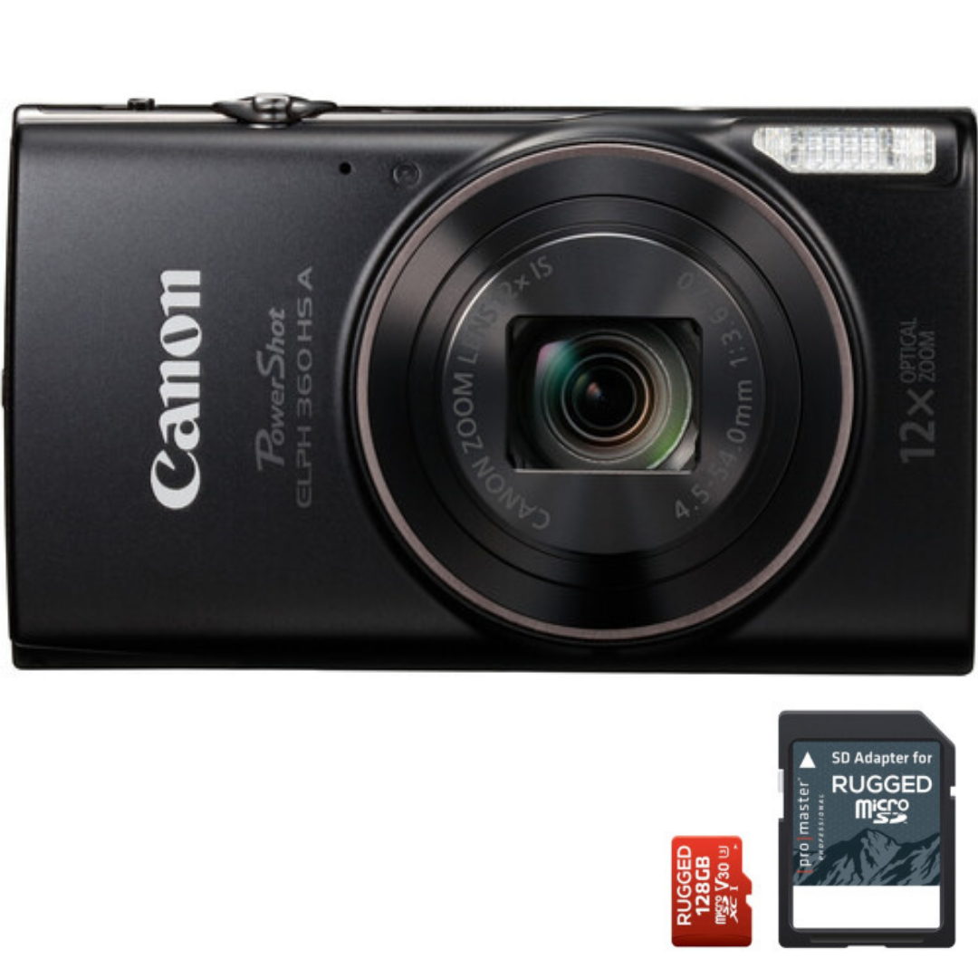 Canon PowerShot ELPH 360 HS A Digital Camera (Black) with Promaster Micro SDXC 128GB Rugged