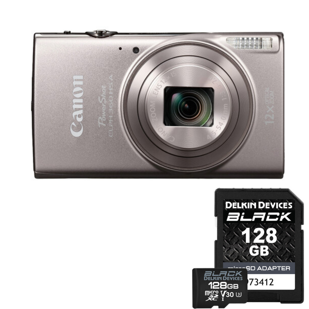 Canon PowerShot ELPH 360 HS A Digital Camera (Silver) with Delkin Devices 128GB MicroSDXC Black UHS-I V30 U3